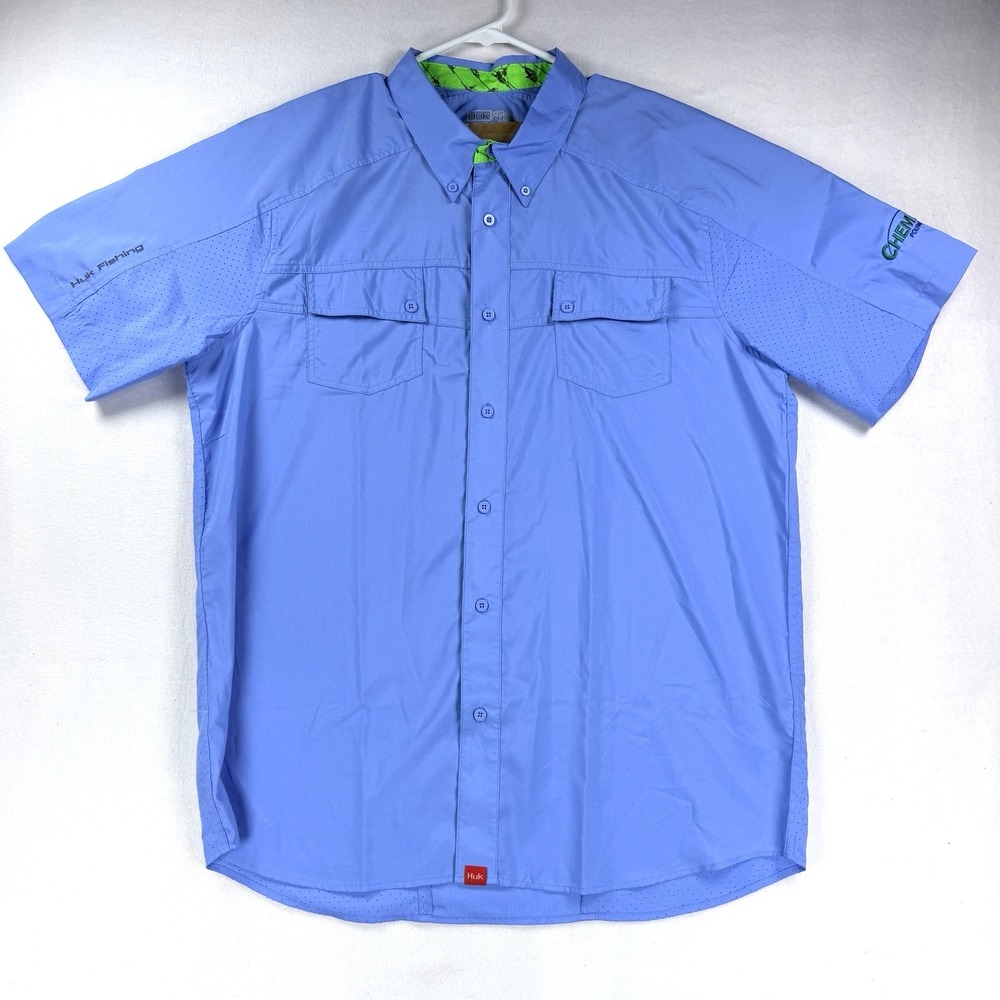 Mens Huk Fishing Performance Button Up Shirt Short Sleeve Blue Sz XL Outdoor